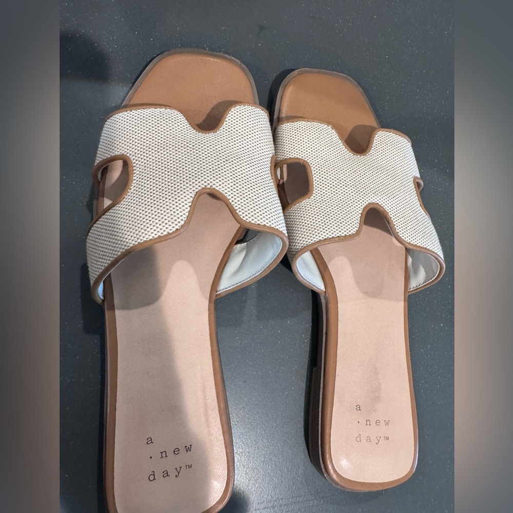 a new day Tan Footbed Cream Woven Slide Sandals
